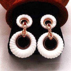 Double Ring Hoop White Textured Resin/Plastic Rose Gold Plated Drop Earrings